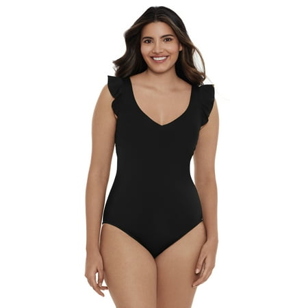 Time and Tru Women’s and Plus Solid Ruffle Strap One Piece Swimsuit, Sizes S-3X