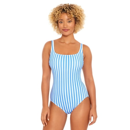 Time and Tru Women’s and Plus Size Pique Stripe Square Neck One Piece Swimsuit, Sizes XS-3X