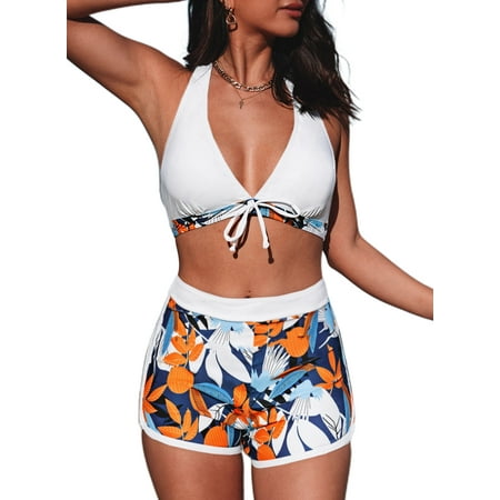 Aleumdr Womens High Waisted Swimsuits with Boy Shorts Sexy Triangle Top Tropical Print Halter Bikini Two Piece Bathing Suits White XL