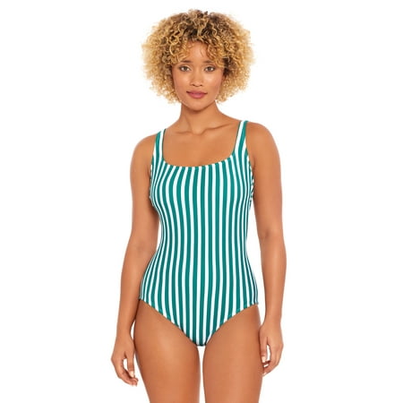 Time and Tru Women’s and Plus Size Pique Stripe Square Neck One Piece Swimsuit, Sizes XS-3X