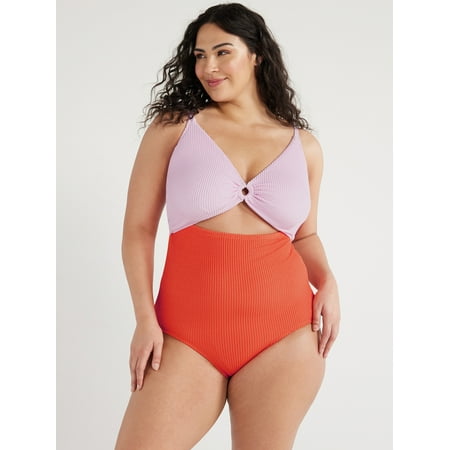 Time and Tru Women’s and Plus Colorblocked Crinkle One Piece Swimsuit, Sizes XS-3X