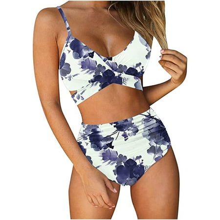 Womens Swimsuits, Two Piece Swimsuits High Waist Sexy Fashion Halter Front Cross Ruched Bikini Floral, Swimwear Bathing Suit Tummy Control Swimsuits for Women