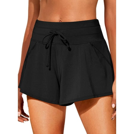 SHEWIN Womens Swim Bottoms Bathing Suit Shorts Quick Dry Tummy Control Swim Pants with Pockets Built-in Brief Plus Size Black