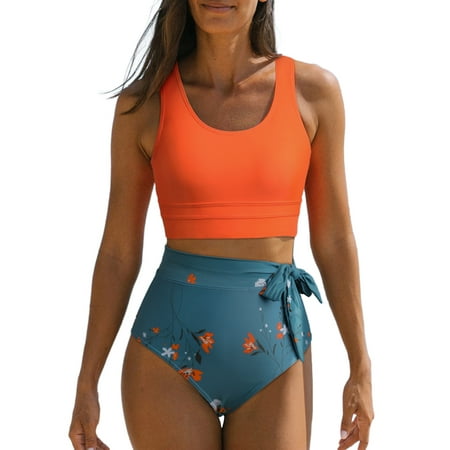SHEWIN Swimsuit Women Two Piece Bikinis Bathing Suits Retro Floral Print Swimming Suits Beach Swimwear Orange US 14-16