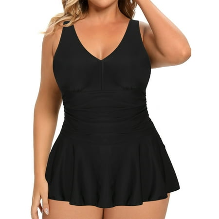 Women’s Plus Size Ruched One Piece Swimdress Tummy Control Floral Skirted Swimsuit Bathing Suit