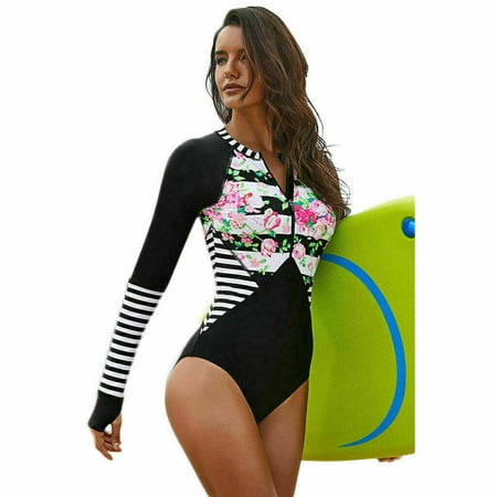 Ablegrid Women Long Sleeve Floral Printed Zip Front 1-Piece Swimsuit Surfing Swimwear Bathing Suit – L, One-Piece, Rashguards
