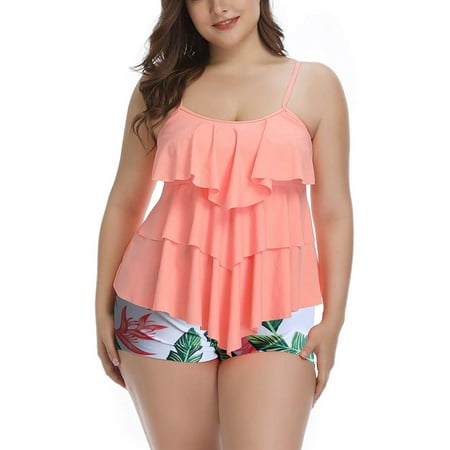 Plus Size Bathing Suit for Women Floral Printed Two Piece Swimsuit Layered Ruffle Tankini Top with Boyshorts