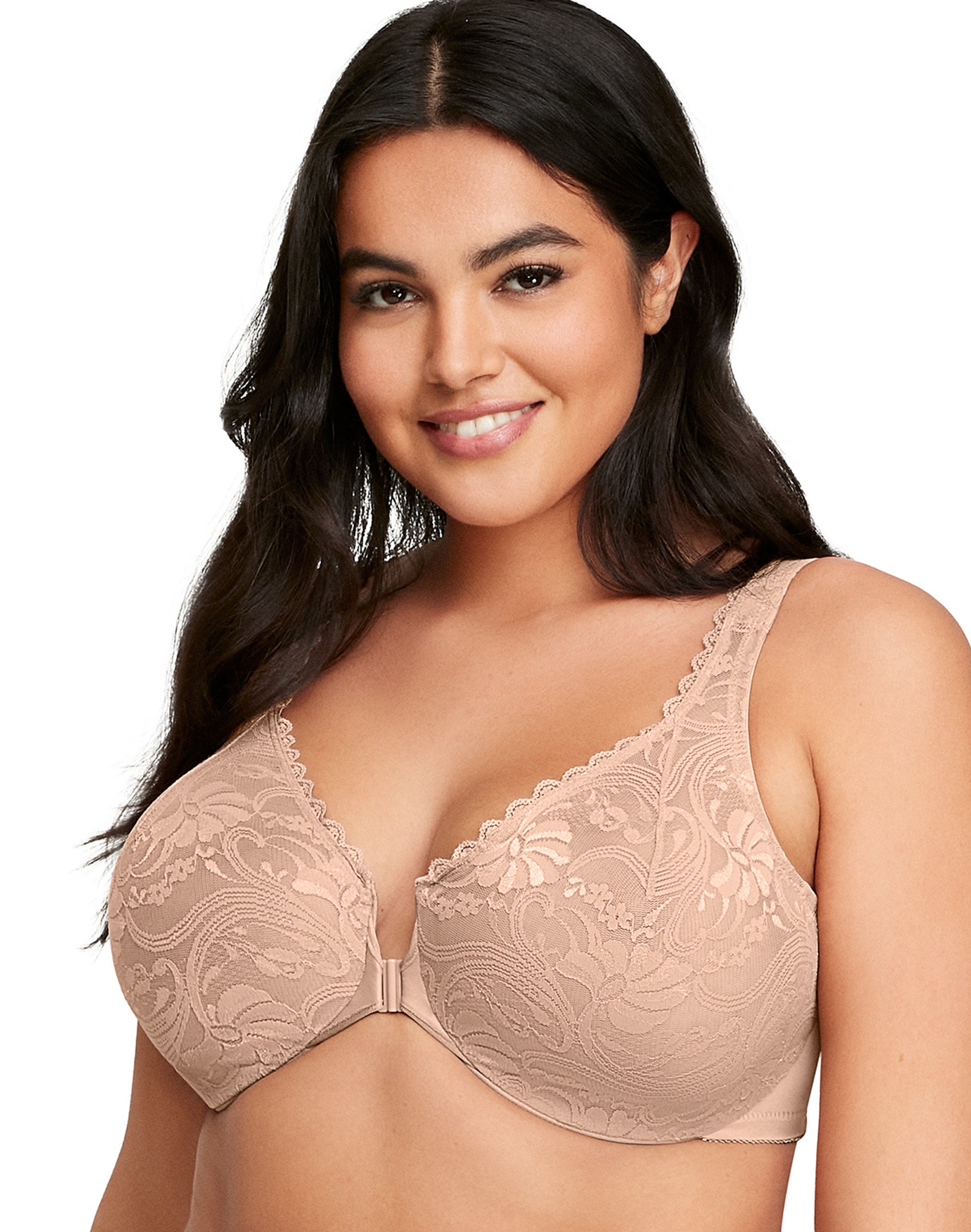 Glamorise Full Figure Plus Size WonderWire Front Close Stretch Lace Bra Cafe 44C Women’s