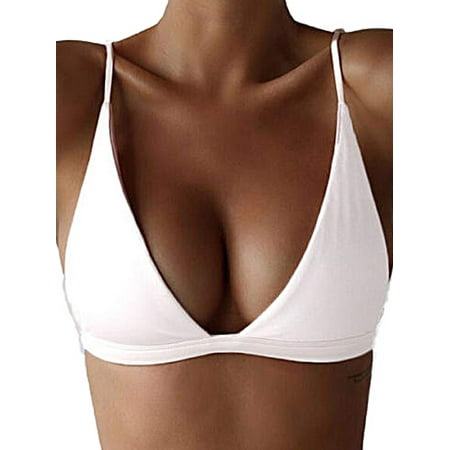 Women Halter Bikini Top Sexy Triangle Padded Push Up V-Neck Solid Spaghetti Strap Swim Tops