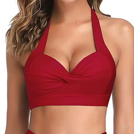LoyisViDion Women’S Swimsuit Clearance Women’S Multi Color Swimsuit Halter Ruched High Waist Bikini Tops Red 8(L)