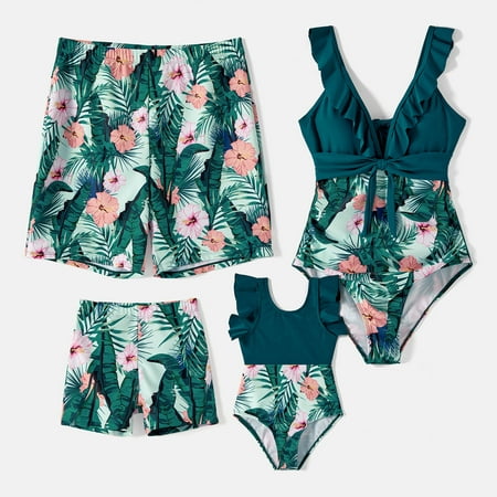 PatPat Women One Piece Swimsuits Tummy Control High Waist V Neck Tropical Family Matching Bathing Suit Set