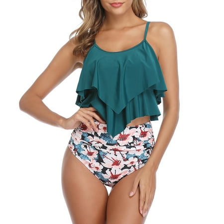 Zando Womens Plus Size Tankini Swimsuit 2 Piece Bathing Suits for Women Ruffled Tummy Control High Waisted Swimsuits Blue Flower 2XL