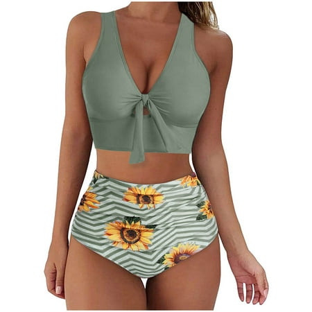 Summer Savings Clearance 2022! Zanvin Plus Size Swimsuit for Women, Tummy Control Swimsuits, High Waisted Bathing Suits for Women, Two Piece Swimsuit No Steel Support Beachwear, Green, M