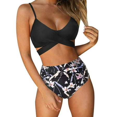 Lorddream Women Criss Cross High Waisted String Floral Printed 2 Piece Bathing Suits Cross Wrap Push Up Top Tie Back Bikini Swimsuits