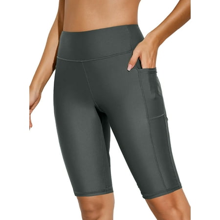 Chase Secret Womens Board Swim Shorts High Waist Long Swim Bottoms Solid Swim Beach Pants with Liner Gray