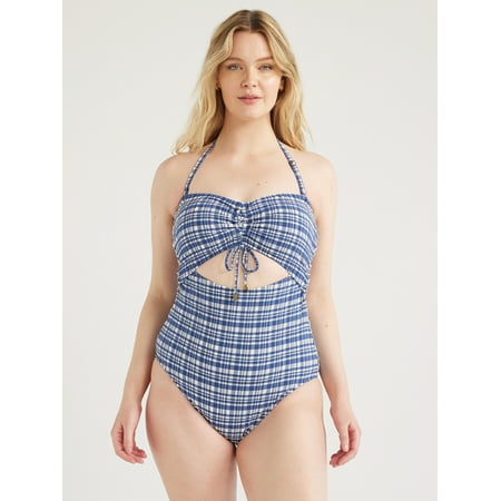 Time and Tru Women’s and Women’s Plus Cutout Seersucker One Piece Swimsuit, Sizes XS-3X