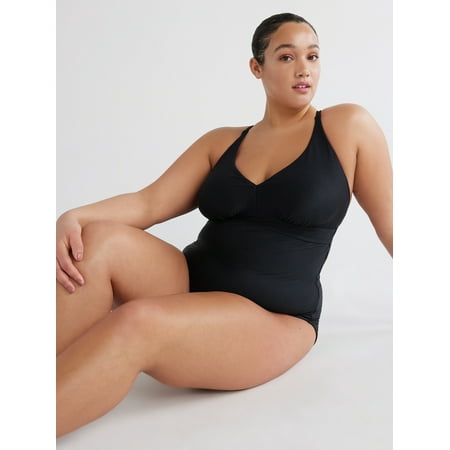 Time and Tru Women’s and Women’s Plus Plunge X Back One Piece Swimsuit, Sizes XS-2X