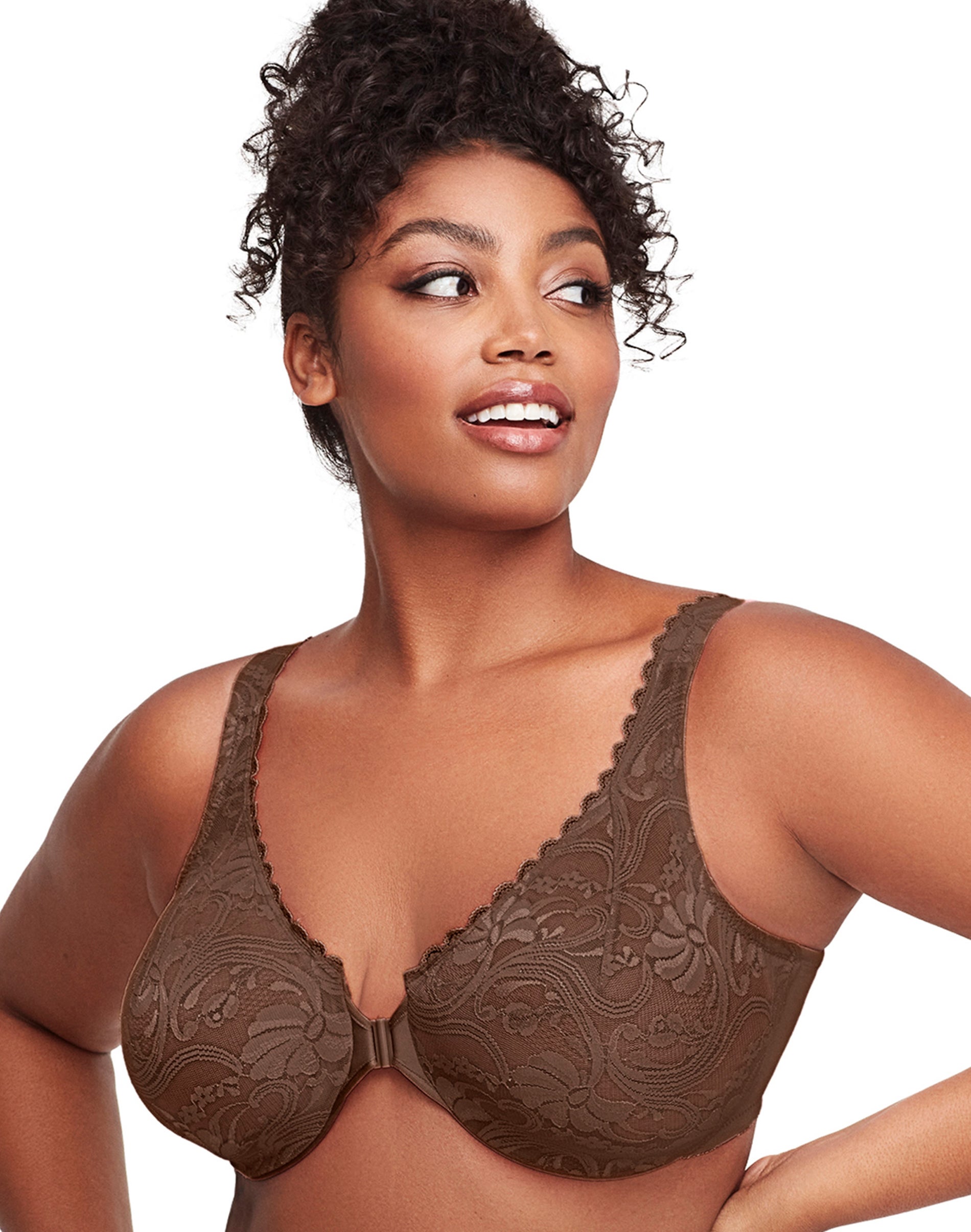 Glamorise Full Figure Plus Size WonderWire Front Close Stretch Lace Bra Mocha 44C Women’s