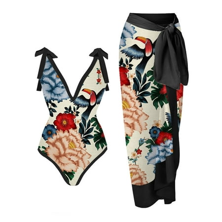 Frostluinai Savings Clearance! Plus Size Swimsuit for Women Two Piece Bathing Suit w/ Swimsuit Cover Up Wrap Skirt Floral Print Bikini Set Beach Swimwear