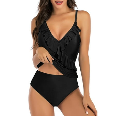 Dokotoo Womens Two Piece Tankini Swimsuits Plus Size XXL Blouson Tankini Swimsuit Athletic Two Piece Tummy Control Bathing Suits with Bottoms