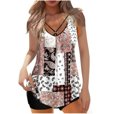 Womens Plus Size Tankini Bathing Suits Tummy Control Swim Seaside Beach Casual Two Piece Slimming Swimsuits Pink,XXL