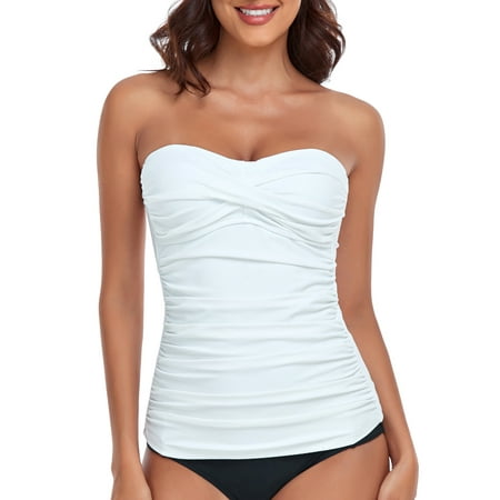 RELLECIGA Women’s White Ruched Bandeau Tankini Top Swimsuits Size XX-Large