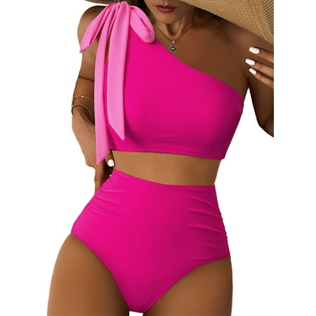 AlvaQ Women One Shoulder High Waisted Bikini Tie High Cut Two Piece Swimsuits Ruched Bathing Suit Rose Red XL
