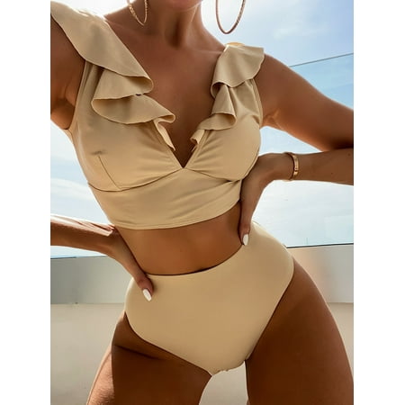 Ruffle V Neck Two Piece Swimsuits For Women, High Waisted Sexy Bathing Suits Women’s Bikini Set Ladies Swimwear Plus Size Beige