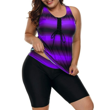 Chama Women’s Plus Size 2-Piece Color Block Swimsuit Athletic Racerback Tankini Tops with Capris Bathing Suits