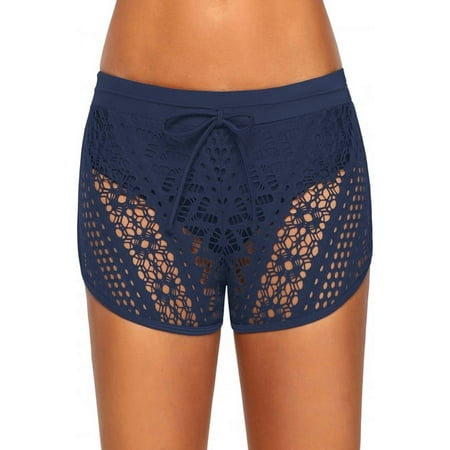 Sidefeel Women’s Casual Solid Color Swim Boy Shorts Elastic Drawstring Waist Bikini Bottom Swimming Trunks Tankini Shorts Briefs Blue 2XL 18-20