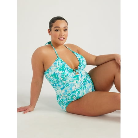 Time and Tru Women’s and Women’s Plus V Neck Beaded Halter One Piece Swimsuit, Sizes XS-2X