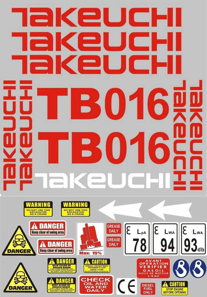 Decal Sticker set for: Takeuchi TB016  Mini Digger Pelle Bagger