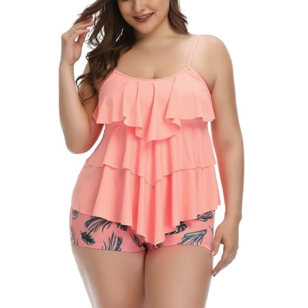 Plus Size Bathing Suit for Women Floral Printed Two Piece Swimsuit Layered Ruffle Tankini Top with Boyshorts