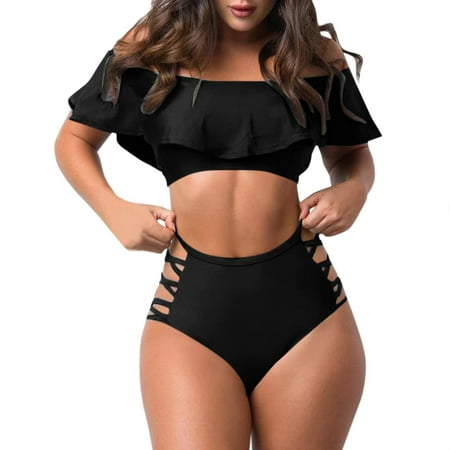 Funicet Womens High Waisted Flounce Bandeau Bikini Set Striped Ruffle Strapless 2 Piece Bathing Suit Summer Swimwear Black 5XL