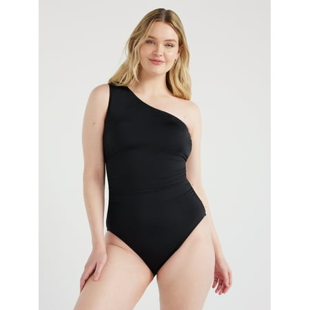 Time and Tru Women’s and Women’s Plus Shirred One Shoulder One Piece Swimsuit, Sizes XS-3X