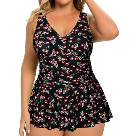 Women’s Plus Size Ruched One Piece Swimdress Tummy Control Floral Skirted Swimsuit Bathing Suit