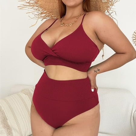 Danhjin Womens Plus Size Swimsuit Summer Beach Sexy Solid High Waisted Bikini Sets Two Piece Swimsuit