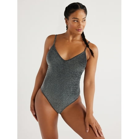 Love & Sports Women’s Metallic V-Neck One-Piece Swimsuit with Adjustable Straps, Black, Sizes XS-XXL