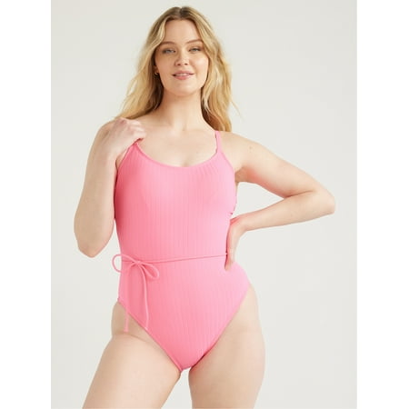 Time and Tru Women’s and Women’s Plus Ribbed Belted One Piece Swimsuit, Sizes XS – 2X