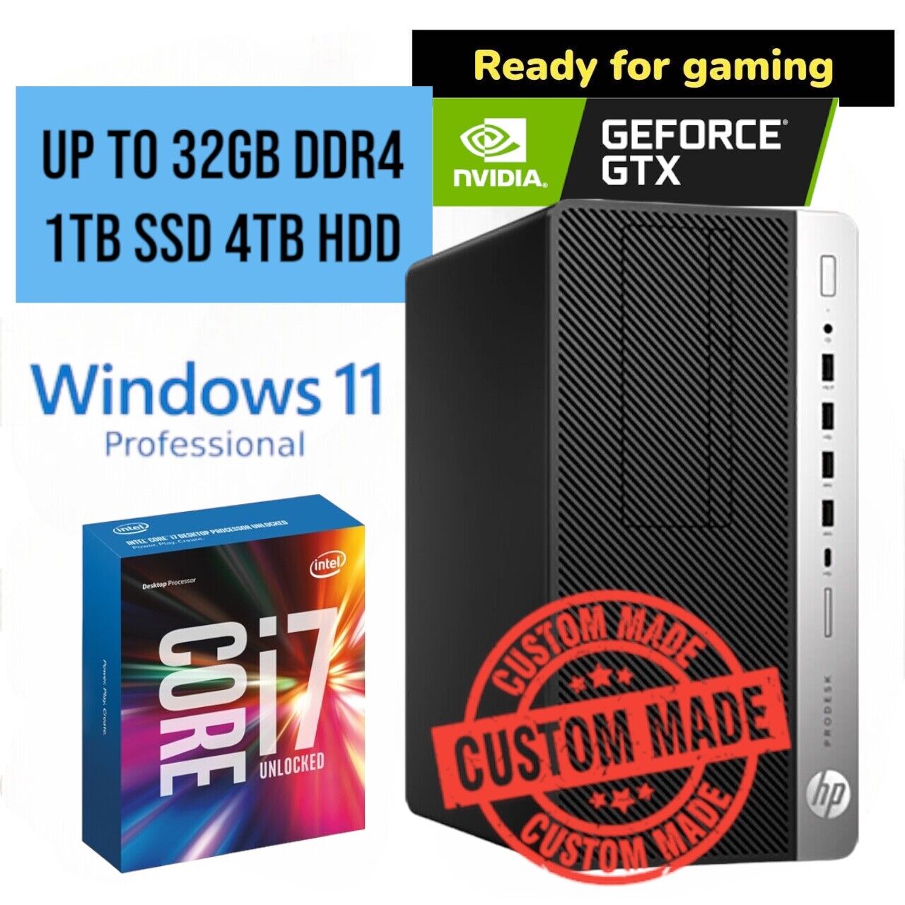 Gaming Desktop HP i7 NVIDIA GTX 1060 up to 32GB RAM 4TB SSD PC Win11P WIFI BT5.0