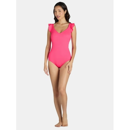 Time and Tru Women’s and Women’s Plus Solid Ruffle Sleeve One Piece Swimsuit, Sizes S-3X