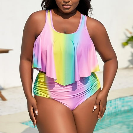 Aboser Women Double Layer Blouson Swimsuit Trendy Rainbow Print Bikini Sets Tiered Swim Tank Top with Shorts Swimwear Summer Boho Beachwear