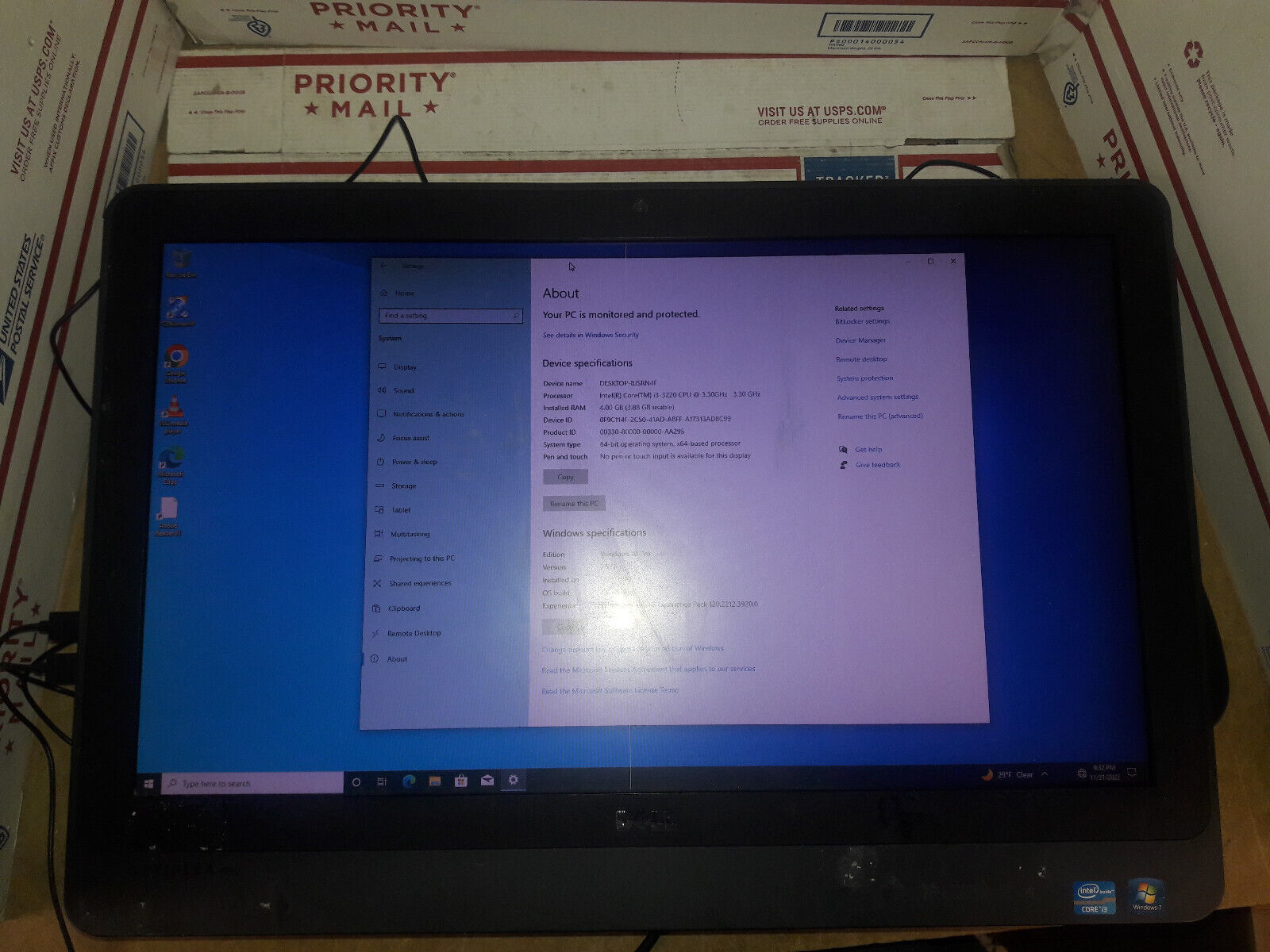 Dell OptiPlex 9010 AIO 23″  i3-3220 3.3GHz 4GB RAM 250GB HDD Win 10 No Stand LIS