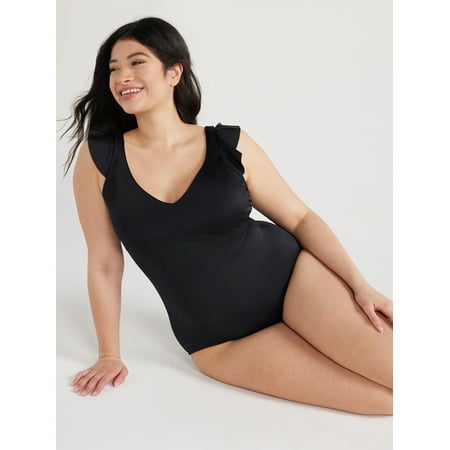 Time and Tru Women’s and Women’s Plus Solid Ruffle Sleeve One Piece Swimsuit, Sizes S-3X