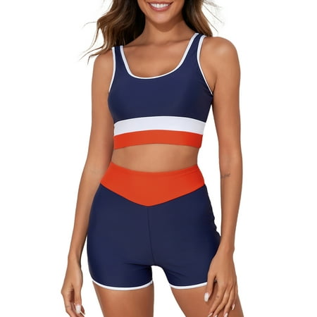 Aleumdr Womens Tummy Control Bathing Suits Modest High Waisted Bikini Sets Swimsuit 2 Piece Colorblock Swimming Suits Navy Blue US 18-20