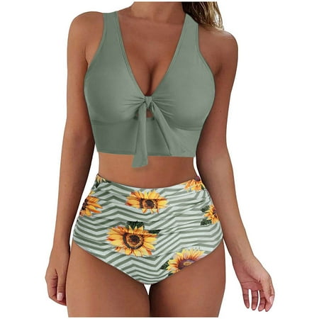 Summer Savings 2022! Plus Size High Waisted Bathing Suits for Women, Two Piece Swimsuit No Steel Support Beachwear, Green, S