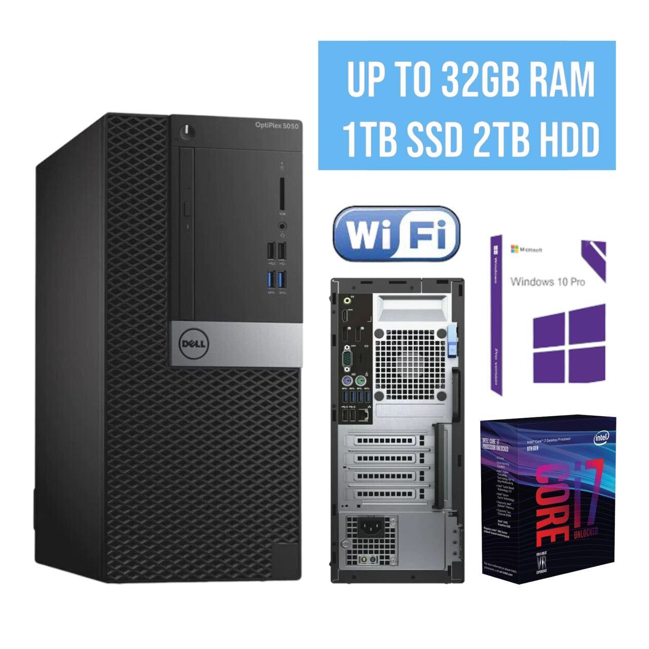 DELL Desktop PC MT intel i7-7700 up to 32GB RAM 1TB SSD 2TB HDD W11P WIFI DVD BT