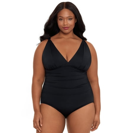 Time and Tru Women’s and Women’s Plus Plunge V Neck One Piece Swimsuit, Sizes XS-3X
