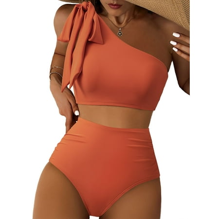 AlvaQ Women Two Piece High Waisted Bikini Set One Shoulder Swimsuits for Women Ruched Bathing Suit Orange XL