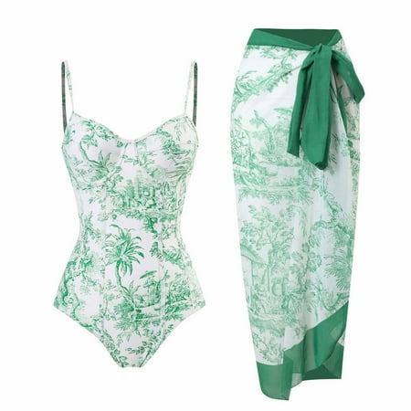 Jsaierl Women Floral Print Beach Swimsuit with Maxi Skirt Bikini Sets Swimwear Skirt Summer Holiday Outfit Bathing Suits